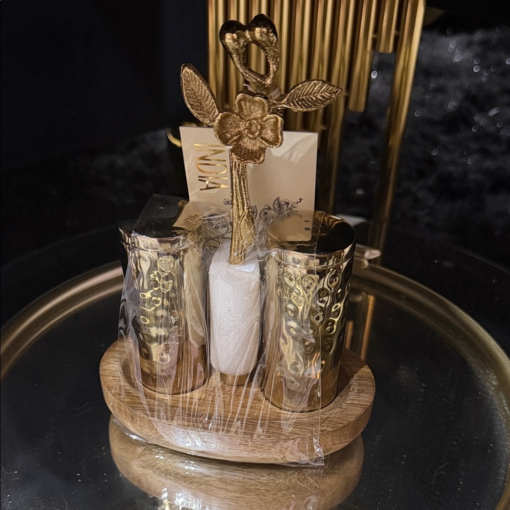 Gold salt and Peper Decorative Toothpick Holder Set on Wooden Base